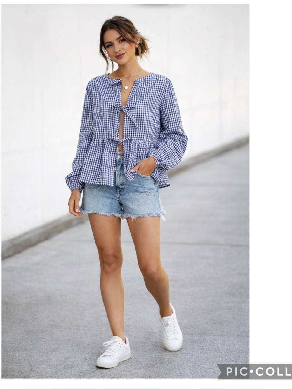NEW MEROKEETY GINGHAM PLAID 
TIE FRONT W/ SNAPS BLOUSE PUFF SLEEVE PEPLUM